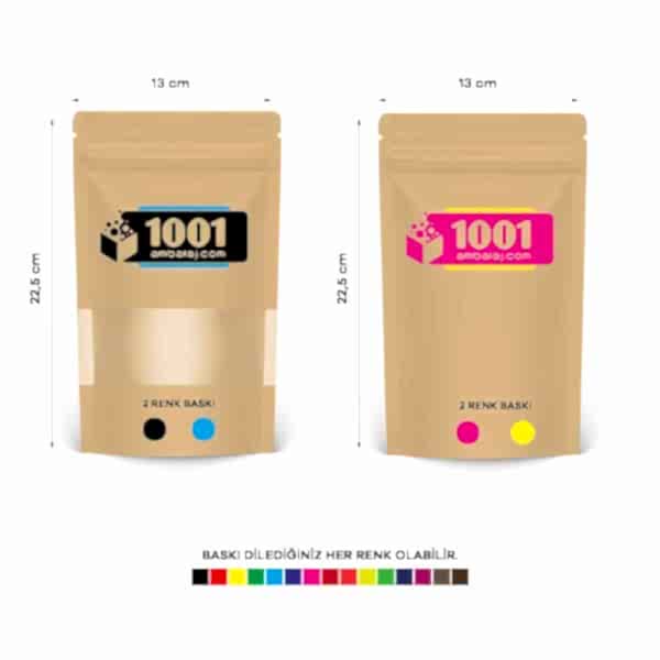 13X22,5 Cm 4 Baskılı Kraft Renkli Pencereli İki Taraf İki Renk Doypack Torba 250 Gr /39/