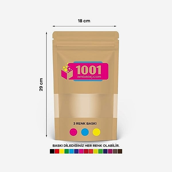 18X29 Cm 3 Baskılı Kraft Renkli Pencereli Tek Taraf Üç Renk Doypack Torba 750 Gr /41/
