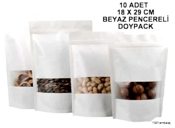 18X29 Cm Beyaz Renk Pencereli ** 10 Adet ** Kilitli Doypack Torba 750 Gr /12/