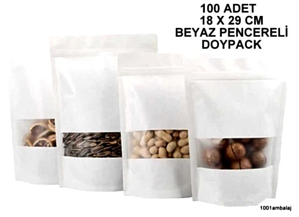 18X29 Cm Beyaz Renk Pencereli (100 Adet) Kilitli Doypack Torba 750 Gr /12/