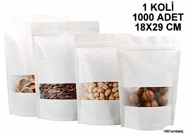 18X29 Cm Beyaz Renk Pencereli (1 Koli 1000 Adet) Kilitli Doypack Torba 750 Gr /12/