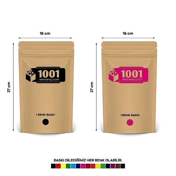 16X27 Cm 2 Baskılı Kraft Renkli İki Taraf Tek Renk Doypack Torba 500 Gr /33/