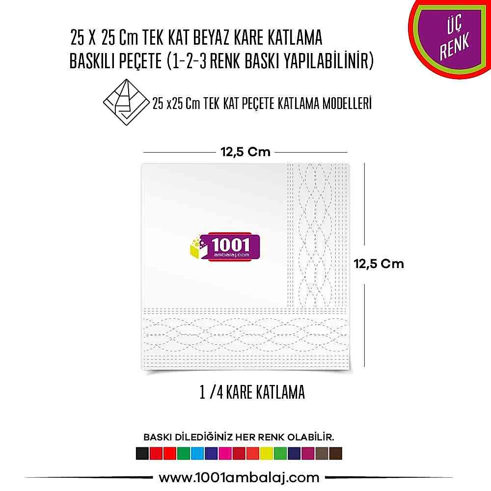 Baskılı Peçete 25X25 Cm 1-2-3 Renk Baskılı Tek Kat Beyaz Kare Katlama Peçete