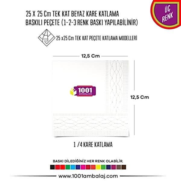 Baskılı Peçete 25X25 Cm 1-2-3 Renk Baskılı Tek Kat Beyaz Kare Katlama Peçete