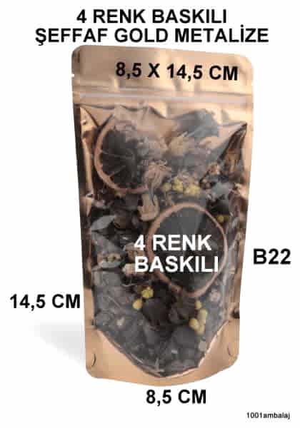 8,5X14,5 Cm 4 Baskılı Ön Şeffaf Arka Gold Metalize Renk İki Taraf İki Renk Doypack Torba 50 Gr /48/