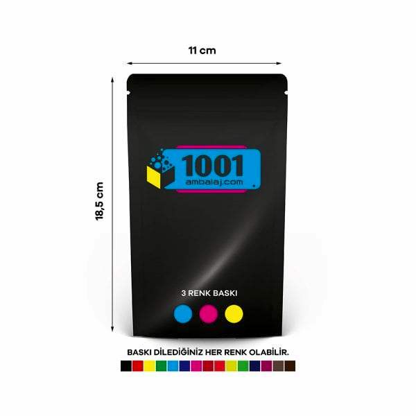 11X18,5 Cm 3 Baskılı Siyah Renkli Tek Taraf Üç Renk Doypack Torba 100 Gr /62/