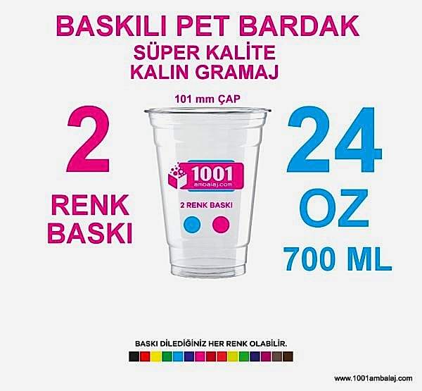 2 Renk Baskılı Pet Bardak 700 Ml 101 Çap Pet Bardak 24 Oz