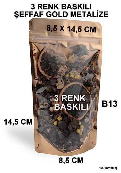 8,5X14,5 Cm 3 Baskılı Ön Şeffaf Arka Gold Metalize Renk Tek Taraf Üç Renk Doypack Torba 50 Gr /48/