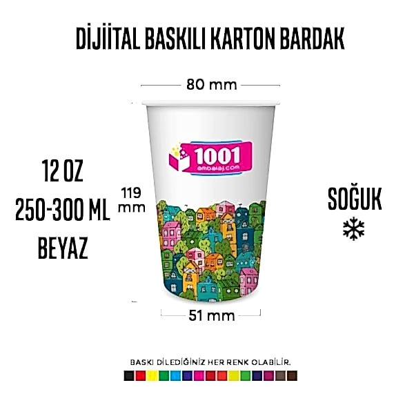 Dijital Baskılı 12 Oz Karton Bardak Tek Kat Duvarlı Beyaz Soğuk