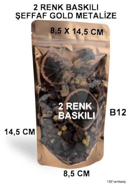 8,5X14,5 Cm 2 Baskılı Ön Şeffaf Arka Gold Metalize Renk Tek Taraf İki Renk Doypack Torba 50 Gr /48/