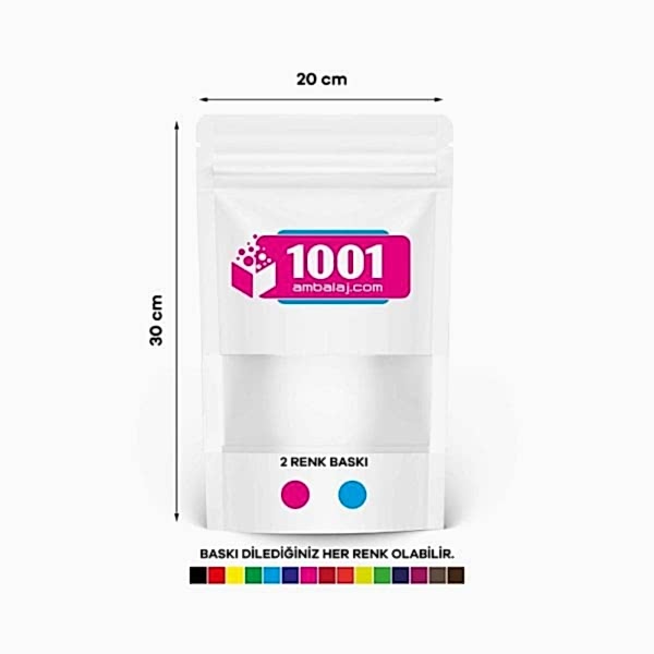 20X30 Cm 2 Baskılı Beyaz Renkli Pencereli Tek Taraf İki Renk Doypack Torba 1000 Gr /13/