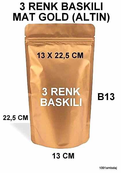 13X22,5 Cm 3 Baskılı Mat Gold ( Altın Renkli ) Tek Taraf Üç Renk Doypack Torba 250 Gr /26/