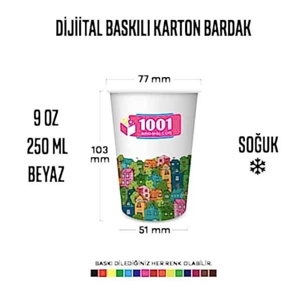 Dijital Baskılı 9 Oz Karton Bardak Tek Kat Duvarlı Beyaz Soğuk