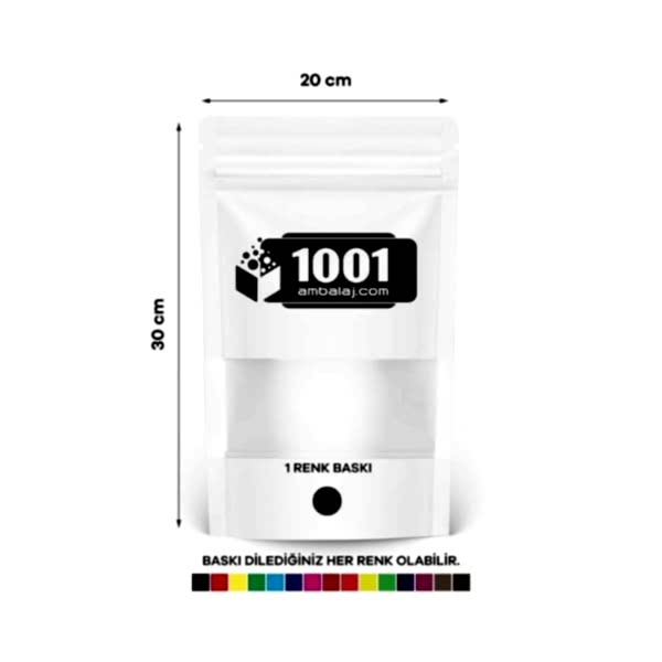 20X30 Cm 1 Baskılı Beyaz Renkli Pencereli Tek Taraf Tek Renk Doypack Torba 1000 Gr /13/
