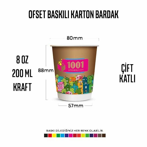 Ofset Baskılı 8 Oz Karton Bardak Çift Kat Duvarlı Kraft Sicak Soguk