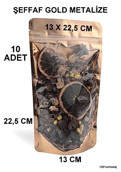 13X22,5 Cm Ön Şeffaf Arka Gold Metalize Renk ** 10 Adet ** Kilitli Doypack Torba 250 Gr /50/