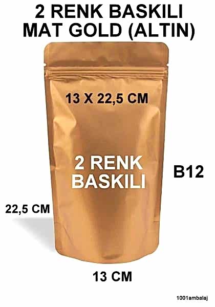 13X22,5 Cm 2 Baskılı Mat Gold ( Altın Renkli ) Tek Taraf İki Renk Doypack Torba 250 Gr /26/