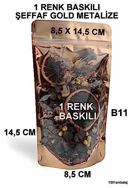 8,5X14,5 Cm 1 Baskılı Ön Şeffaf Arka Gold Metalize Renk Tek Taraf Tek Renk Doypack Torba 50 Gr /48/