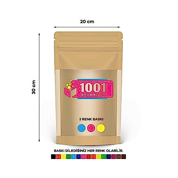 20X30 Cm 3 Baskılı Kraft Renkli Geniş Pencereli Tek Taraf Üç Renk Doypack Torba 1000 Gr /47/
