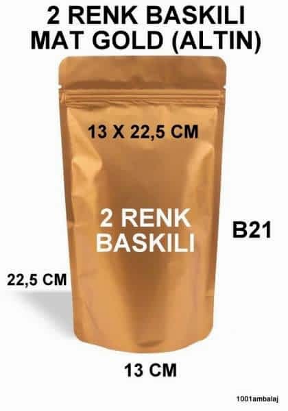 13X22,5 Cm 2 Baskılı Mat Gold ( Altın Renkli ) İki Taraf Tek Renk Doypack Torba 250 Gr /26/