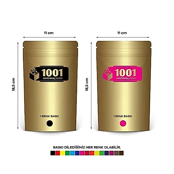 11X18,5 Cm 2 Baskılı Gold ( Altın ) Renkli İki Taraf Tek Renk Doypack Torba 100 Gr /21/