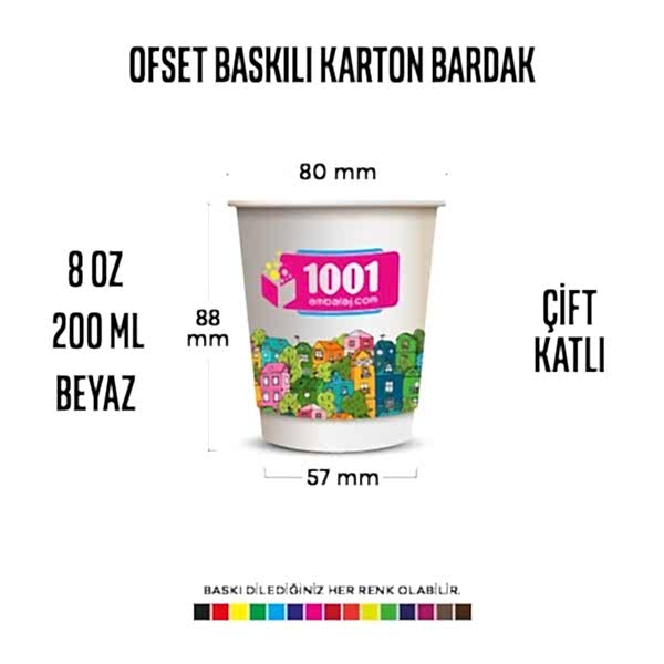Ofset Baskılı 8 Oz Karton Bardak Çift Kat Duvarlı Beyaz Sicak Soğuk