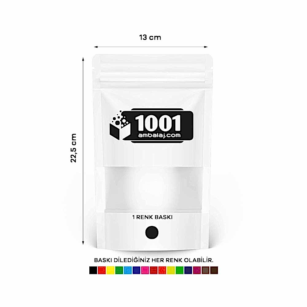 13X22,5 Cm 1 Baskılı Beyaz Renkli Pencereli Tek Taraf Tek Renk Doypack Torba 250 Gr /10/