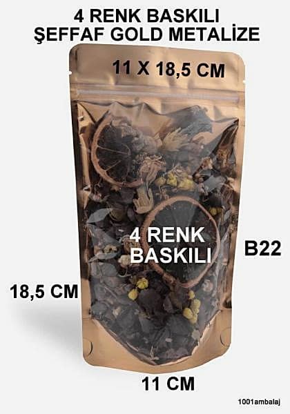 11X18,5 Cm 4 Baskılı Ön Şeffaf Arka Gold Metalize Renk İki Taraf İki Renk Doypack Torba 100 Gr /49/