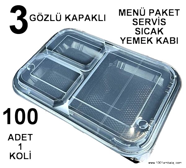 Menü Paket Servis Sicak Yemek kabı 3 Gözlü kapaklı 100 Adet 1 Koli