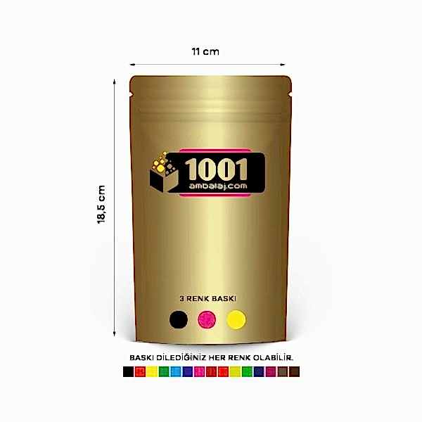 11X18,5 Cm 3 Baskılı Gold ( Altın ) Renkli Tek Taraf Üç Renk Doypack Torba 100 Gr /21/