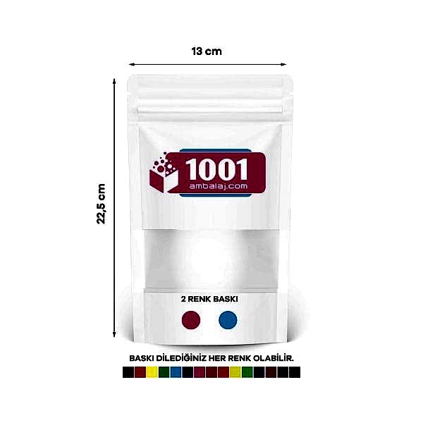 13X22,5 Cm 2 Baskılı Beyaz Renkli Pencereli Tek Taraf İki Renk Doypack Torba 250 Gr /10/