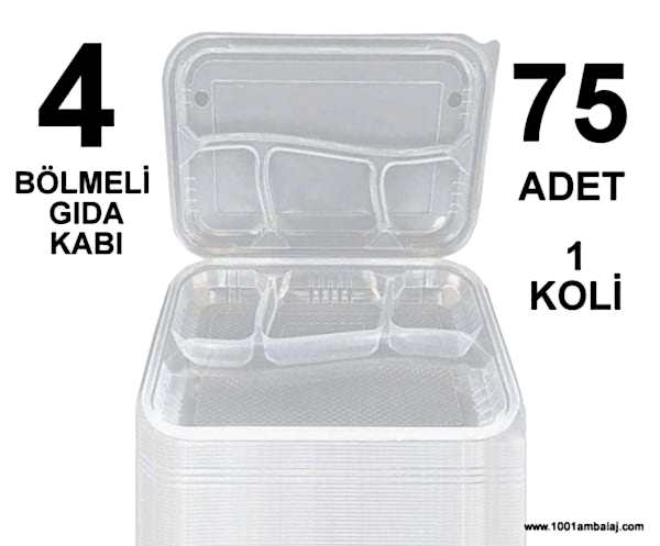 Kebap kabı 4 Bölmeli Gida kabı Kendinden kapaklı 75 Adet 1 Koli