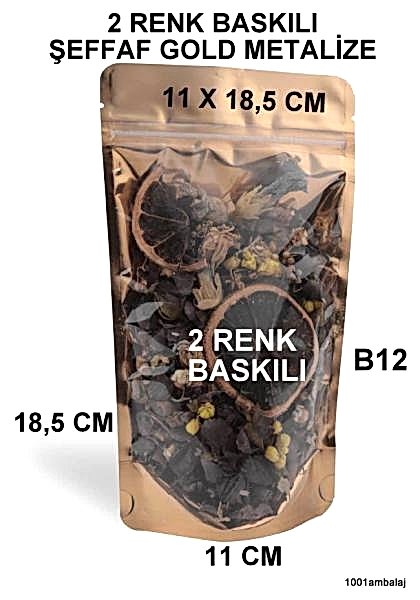 11X18,5 Cm 2 Baskılı Ön Şeffaf Arka Gold Metalize Renk Tek Taraf İki Renk Doypack Torba 100 Gr /49/