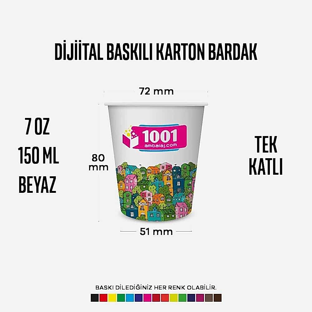 Dijital Baskılı 7 Oz Karton Bardak Tek Kat Duvarlı Beyaz Sicak Soğuk