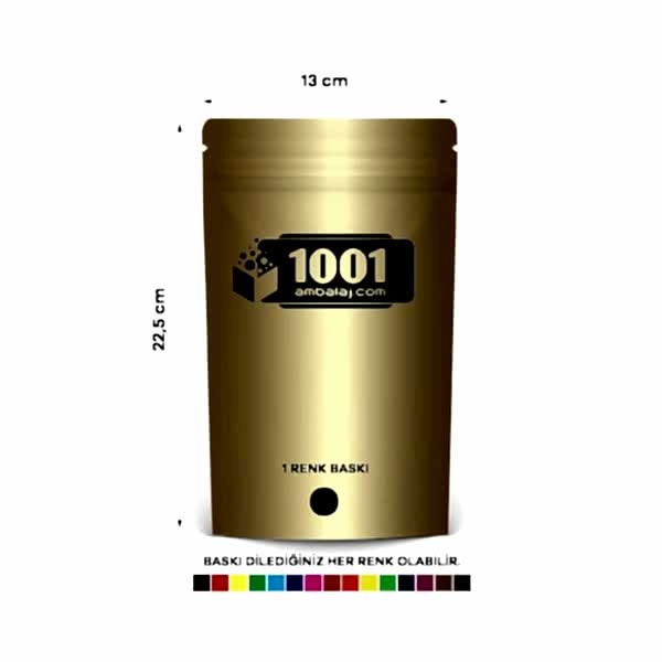 11X18,5 Cm 1 Baskılı Gold ( Altın ) Renkli Tek Taraf Tek Renk Doypack Torba 100 Gr /21/