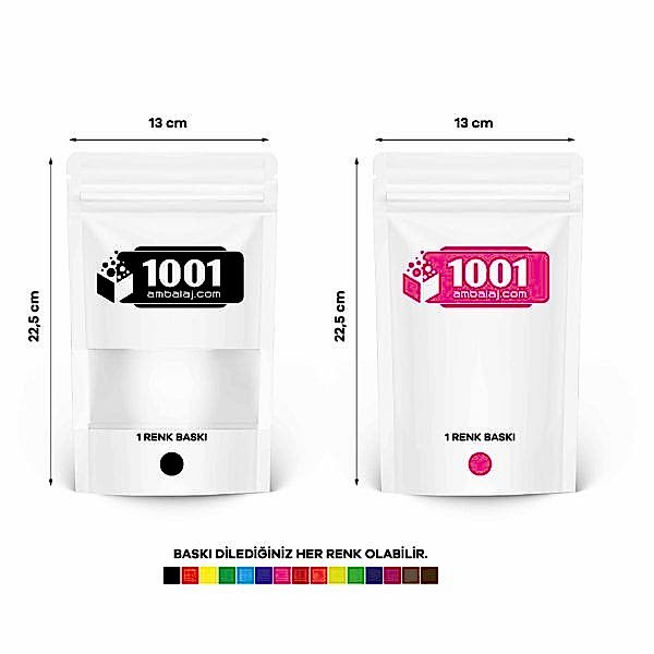 13X22,5 Cm 2 Baskılı Beyaz Renkli Pencereli İki Taraf Tek Renk Doypack Torba 250 Gr /10/