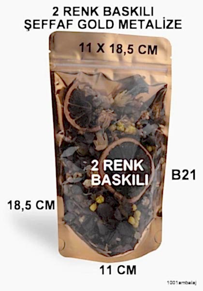 11X18,5 Cm 2 Baskılı Ön Şeffaf Arka Gold Metalize Renk İki Taraf Tek Renk Doypack Torba 100 Gr /49/