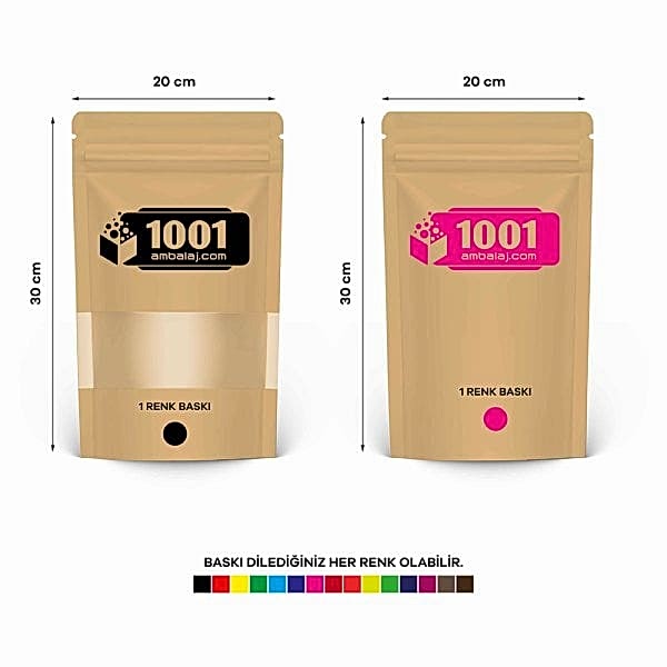 20X30 Cm 2 Baskılı Kraft Renkli Pencereli İki Taraf Tek Renk Doypack Torba 1000 Gr /42/