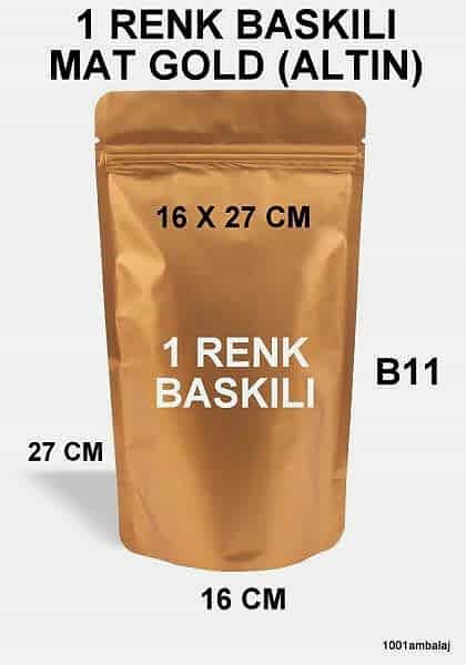 16X27 Cm 1 Baskılı Mat Gold ( Altın Renkli ) Tek Taraf Tek Renk Doypack Torba 500 Gr /27/