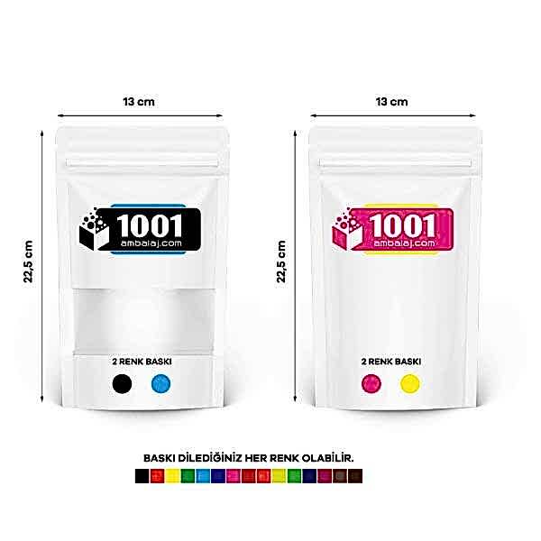 13X22,5 Cm 4 Baskılı Beyaz Renkli Pencereli İki Taraf İki Renk Doypack Torba 250 Gr /10/