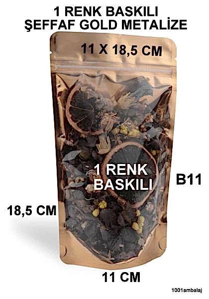 11X18,5 Cm 1 Baskılı Ön Şeffaf Arka Gold Metalize Renk Tek Taraf Tek Renk Doypack Torba 100 Gr /49/