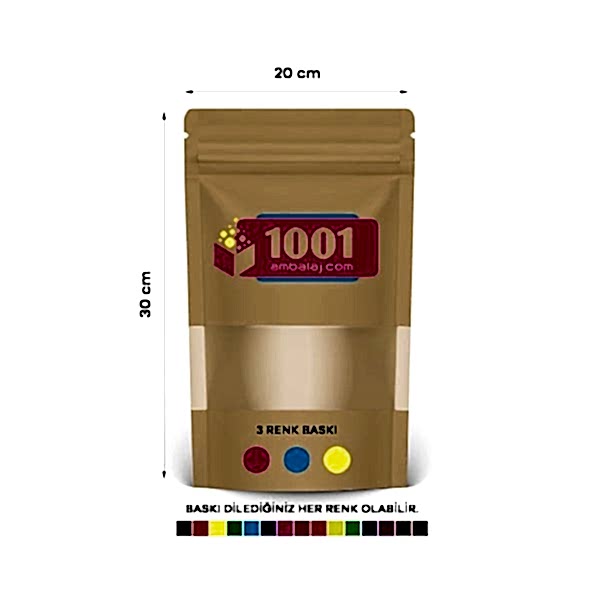 20X30 Cm 3 Baskılı Kraft Renkli Pencereli Tek Taraf Üç Renk Doypack Torba 1000 Gr /42/