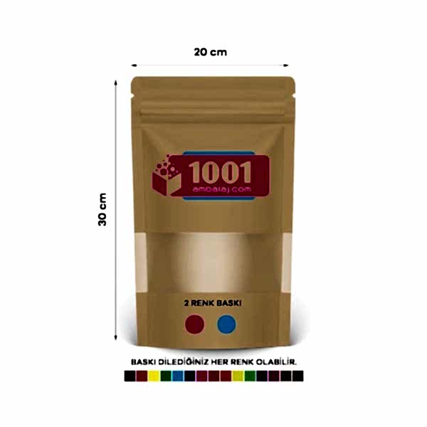 20X30 Cm 2 Baskılı Kraft Renkli Pencereli Tek Taraf İki Renk Doypack Torba 1000 Gr /42/