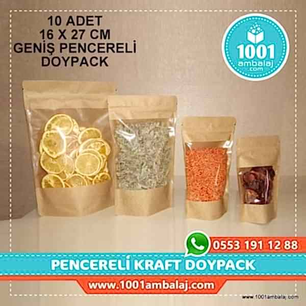 16X27 Cm Kraft Geniş Pencereli * 10 Adet * Kilitli Doypack Torba 500 Gr /46/
