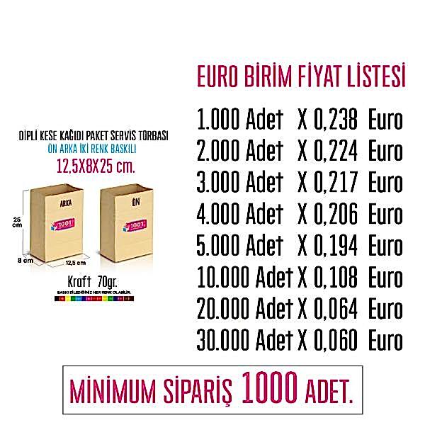 İki Taraf İki Renk Baskılı 12,5X8X25 Cm Kese Kağıdı Fast Food Menu Servis Paket Torbası Kraft Renk